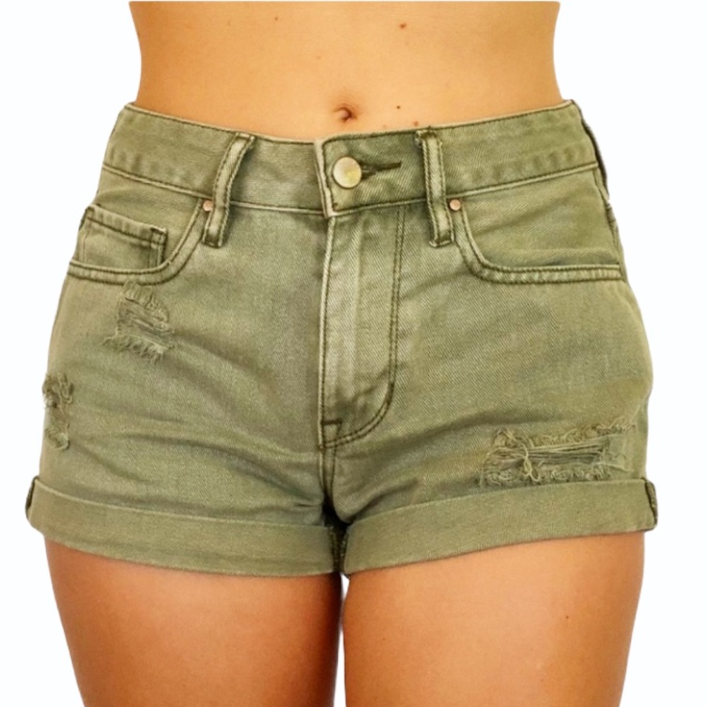 Bullhead high waist distressed green denim shorts size 24